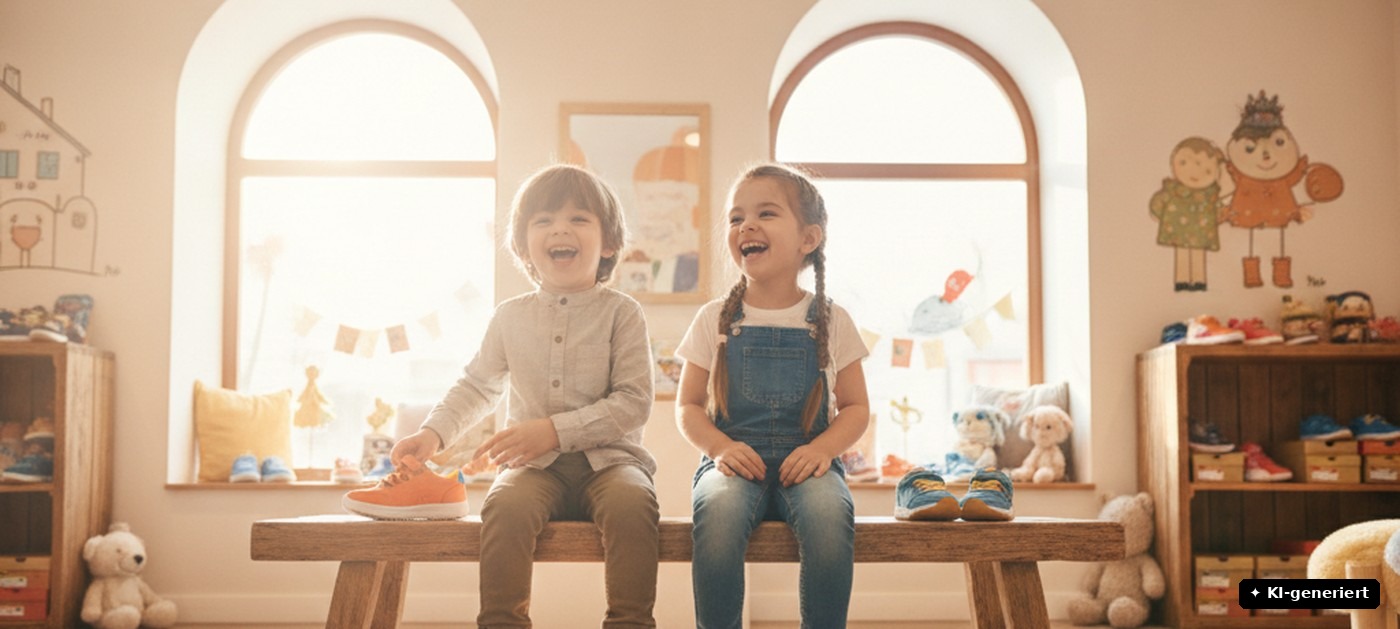 Zwei lachende Kinder probieren bunte Kinderschuhe im Kinderschuhladen an (KI-generiertes Bild)