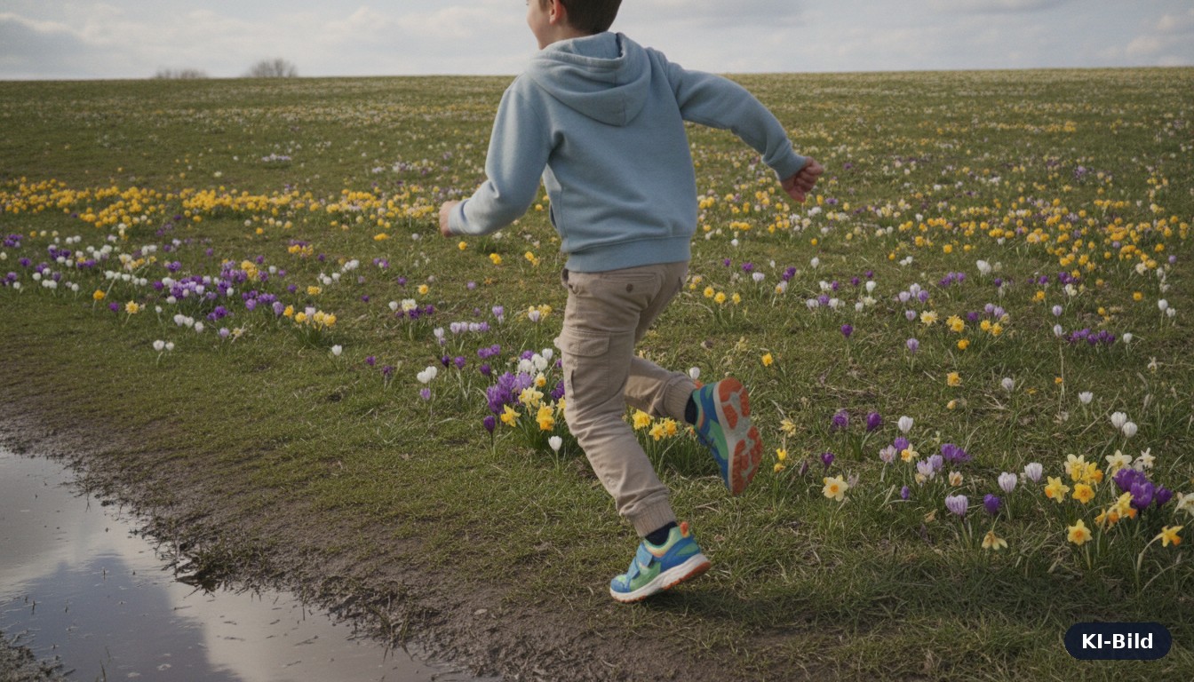 Kind läuft in leichten Übergangsschuhen über eine blühende Frühlingswiese mit Krokussen, KI-generiertes Bild