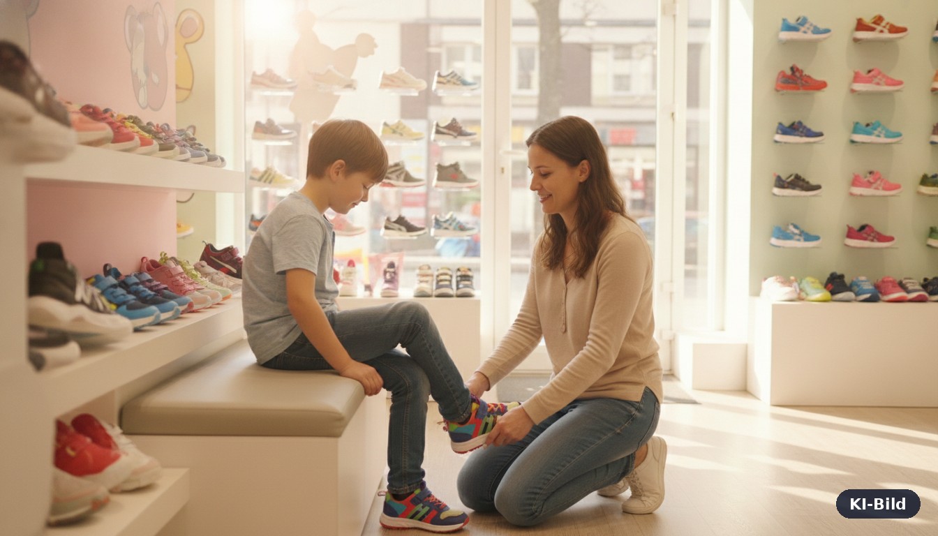 Mutter hilft ihrem 8-jährigen Kind beim Anprobieren neuer Schuhe in einem Kinderschuhgeschäft, KI-generiertes Bild